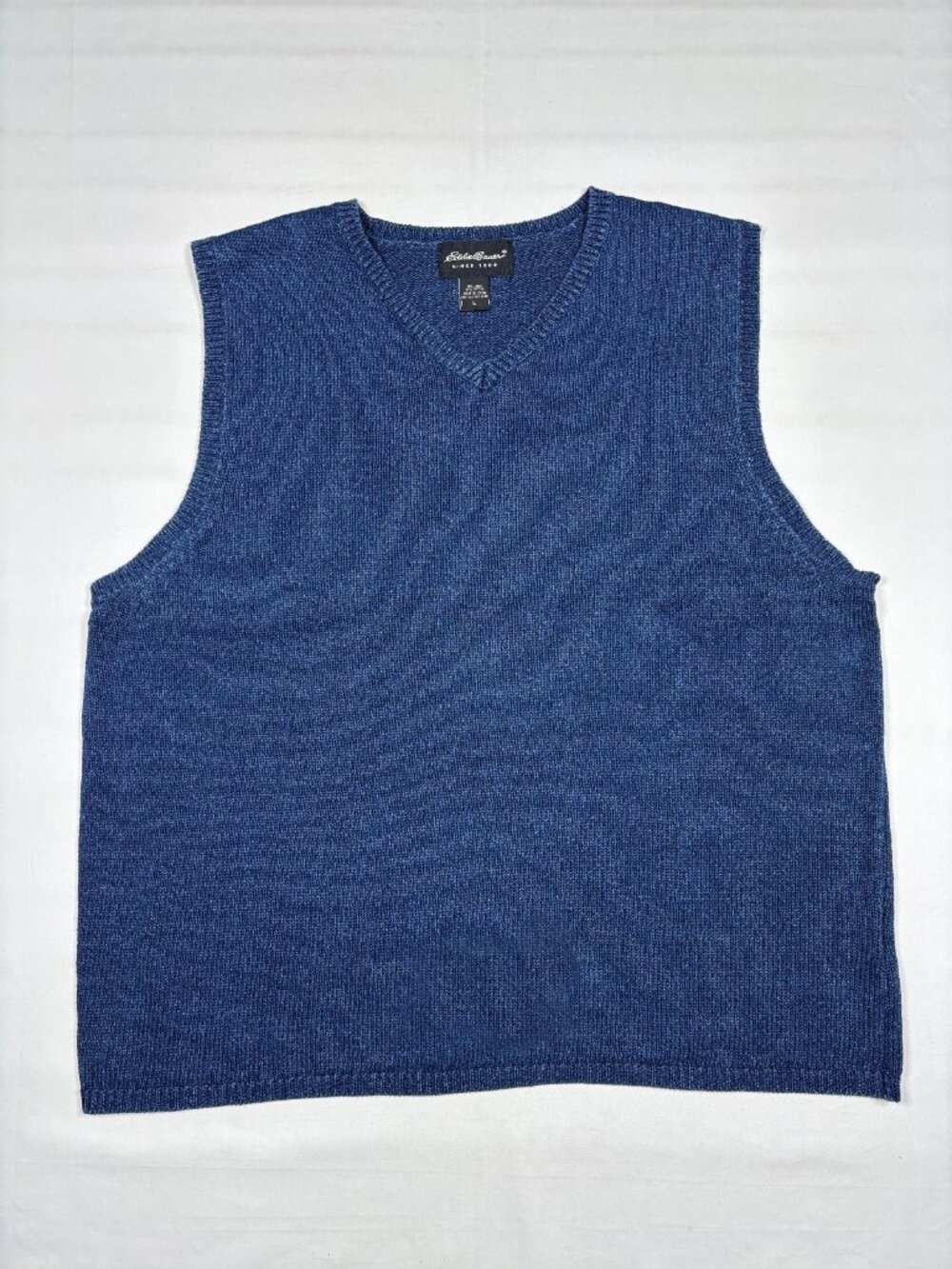 Eddie Bauer Mens L Blue Linen Cotton V-Neck Sweater Vest Pullover Gorpcore Large